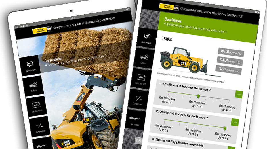 Mission : étude process métier, parcours utilisateurs, ergonomie, interactive design. Application iPad digital in-store machinisme agricole